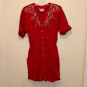 90s Red Denim Button-Up Romper Jumpsuit Colorful Rhinestones colored Jeans